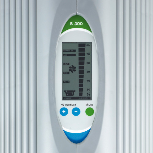 At a glance: The control panel informs you at any time about the actual and setpoint value of the room humidity, the selected fan speed and the current water level.