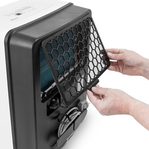 The easily removable air filter retains lint and animal hair and can be quickly and easily wiped or washed out.