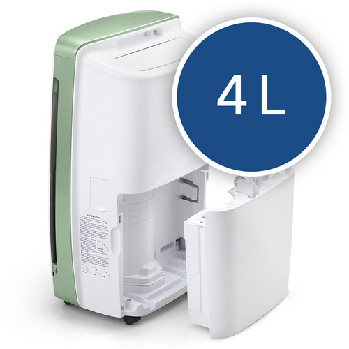 The removable water tank has a storage capacity of 4 litres. The device stops automatically when the tank is full and indicates this via LED.